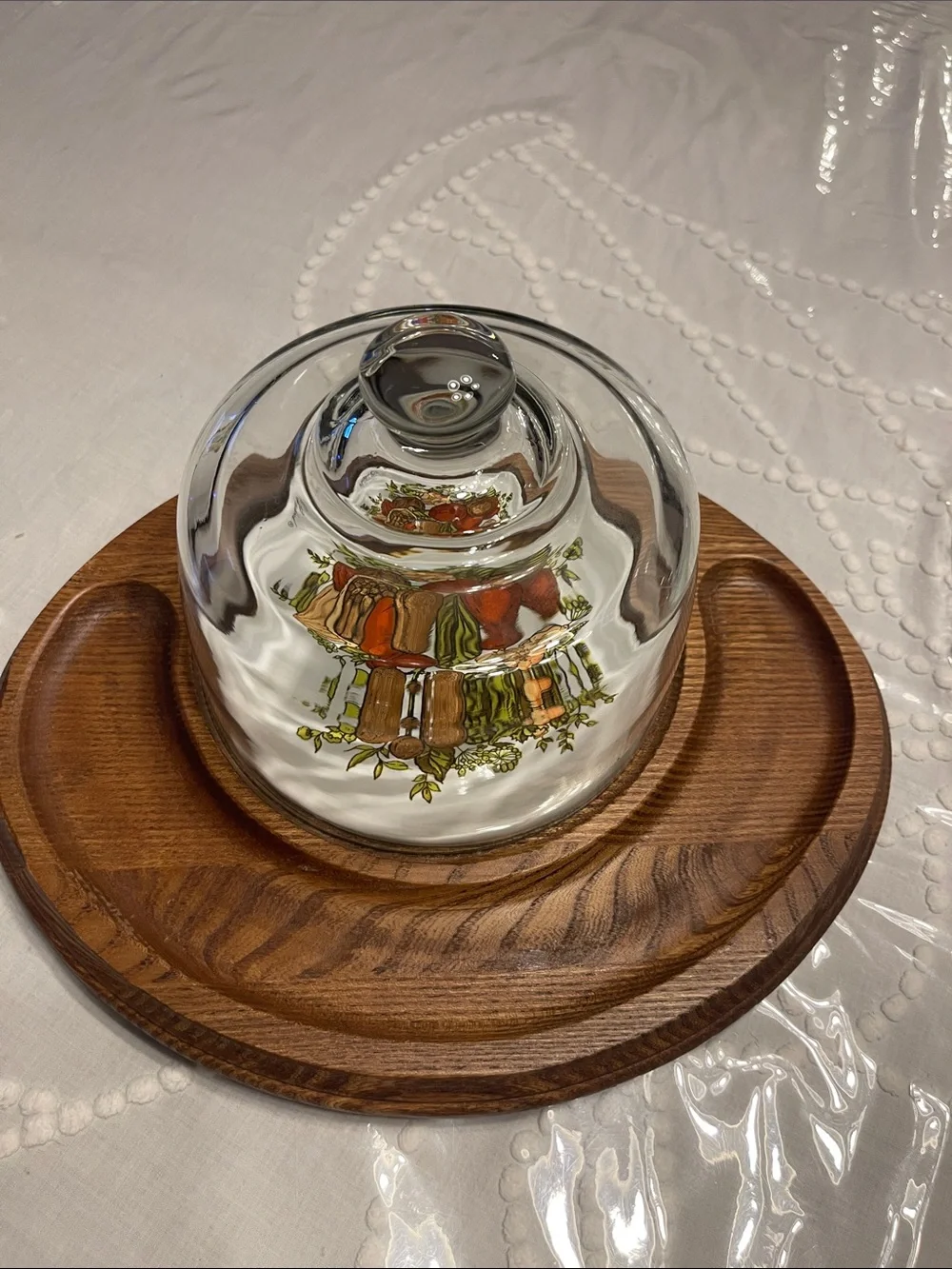 Corningware Orange Floral Ceramic Plate with Clear Glass Dome and Wooden Base